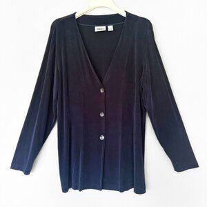 Chicos Travelers Women L 12/14 Liquid Knit Cardigan Navy Blue Button Stretchy